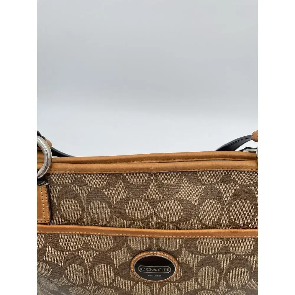 Coach Peyton Signature Pocket Tote Messenger Bag Tan Brown Crossbody Strap